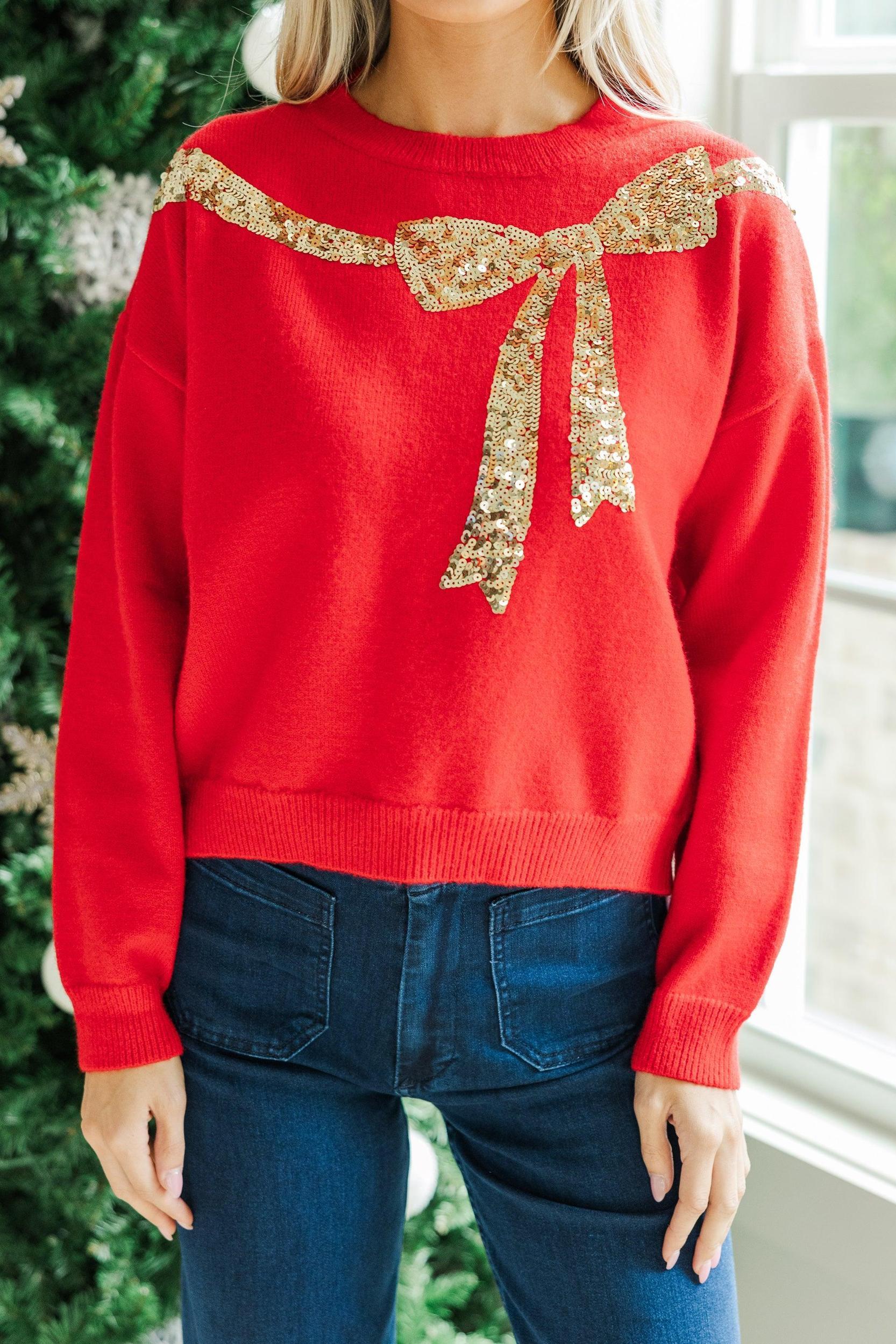 Always Present Red Sequin Bow Sweater Female Product Image