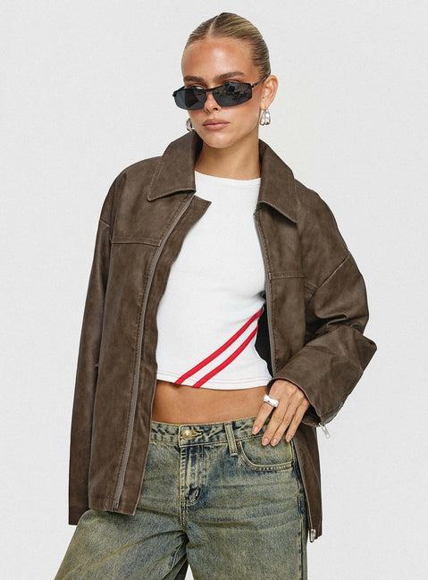 Faux Leather Collared Dad Jacket Washed Brown Product Image
