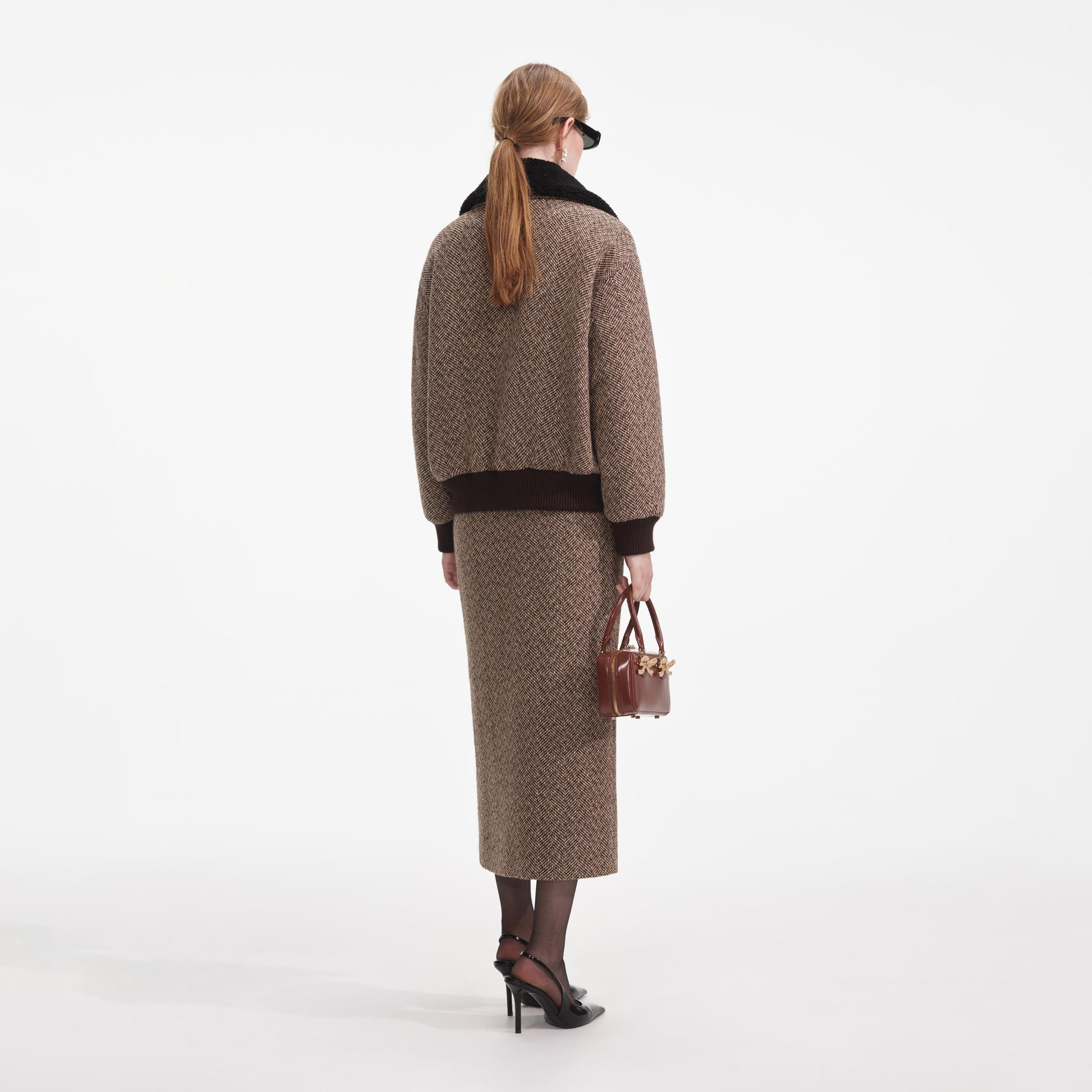 Brown Herringbone Midi Skirt Product Image