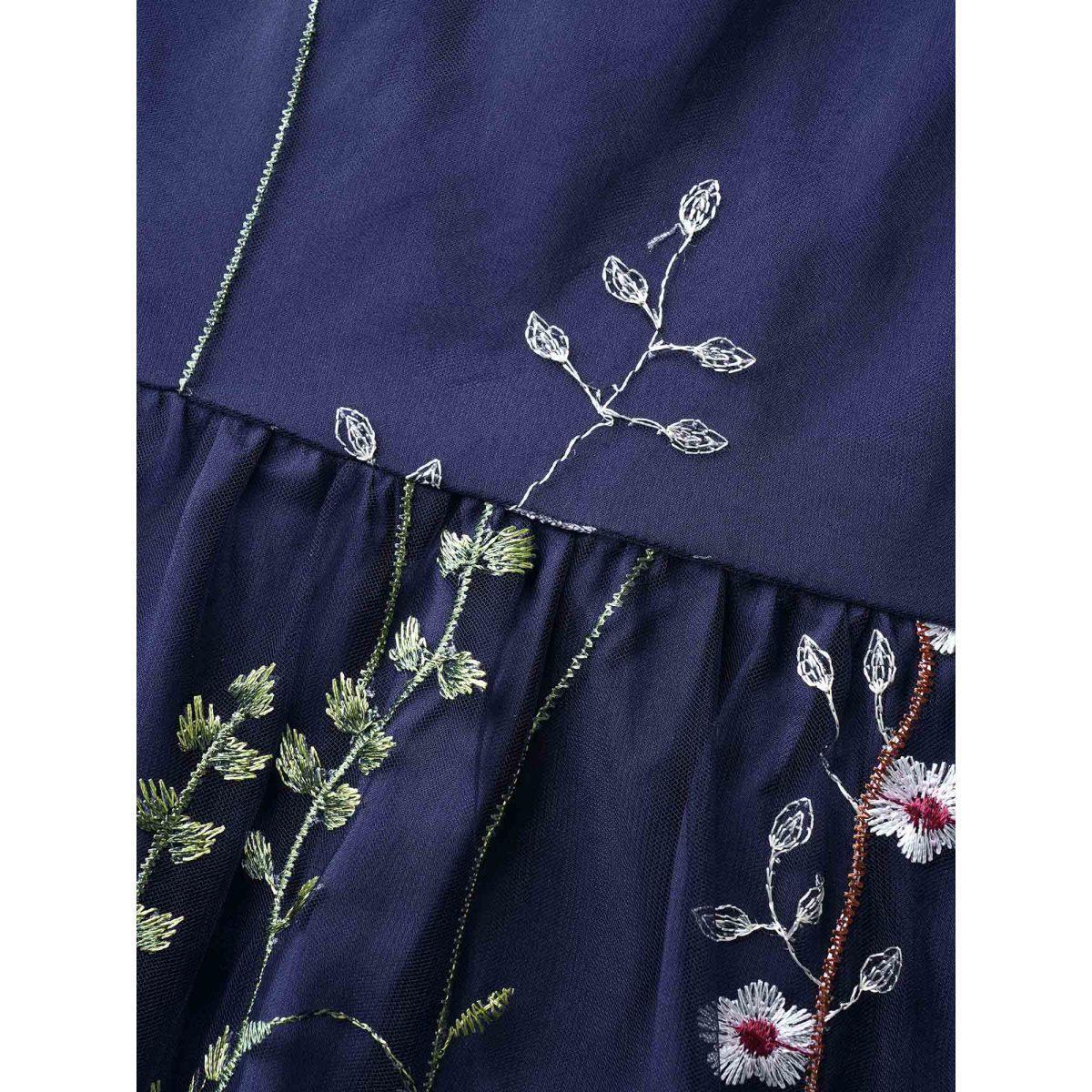 Plus Size U Neck Floral Embroidered Mesh Cami Dress DarkBlue Women Formal U-neck Sleeveless Curvy BloomChic 14-16/1X Product Image