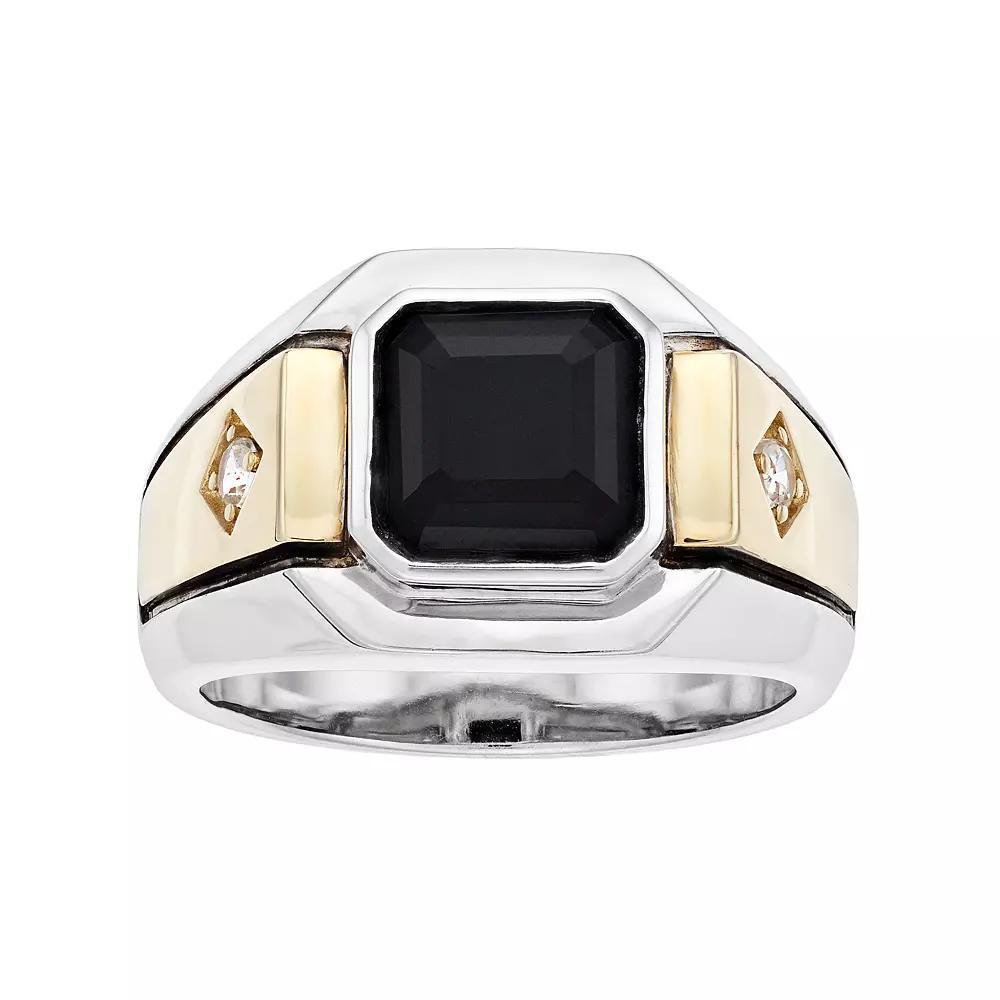 Men's Two Tone Sterling Silver Onyx & Lab-Created White Sapphire Ring, Size: 10 Product Image