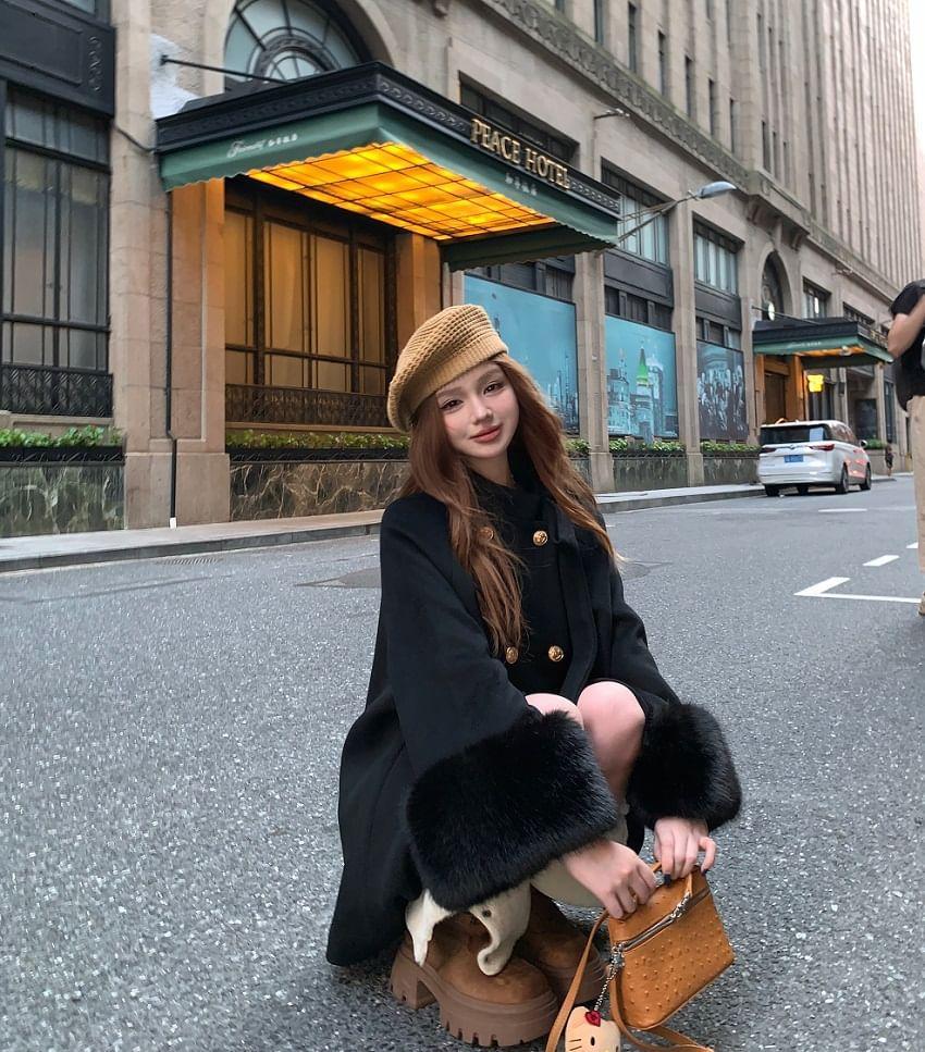 Furry-Trim Double-Breasted Wool Coat with Sash Product Image