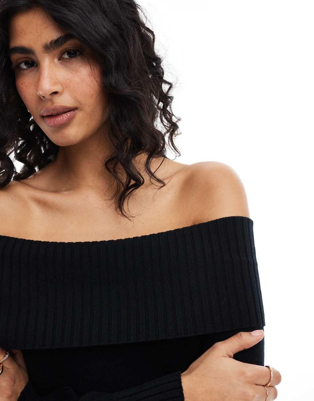 Stradivarius off the shoulder knitted top in black Product Image