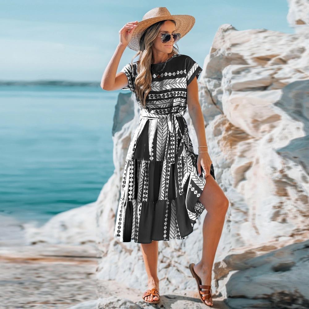 Women's Blue and White Geometric Patchwork Midi Dress - Cupshe Product Image