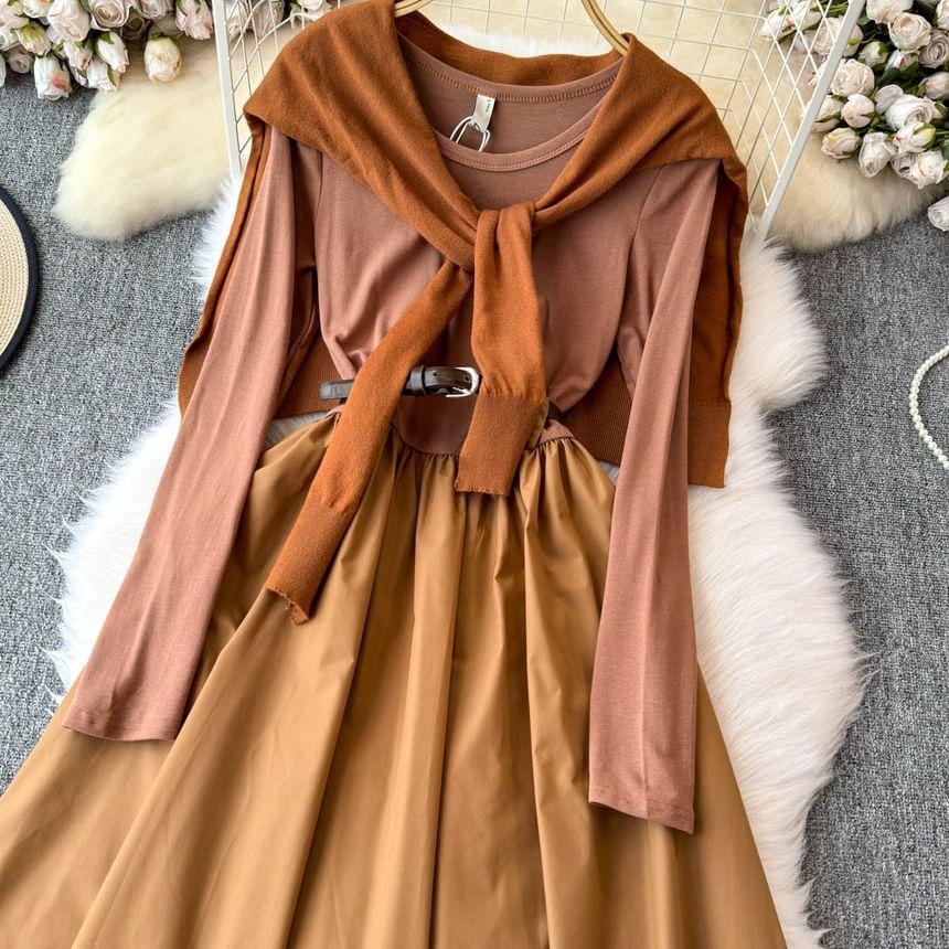 Set: Long-Sleeve Plain Maxi A-Line Dress + Shawl Product Image