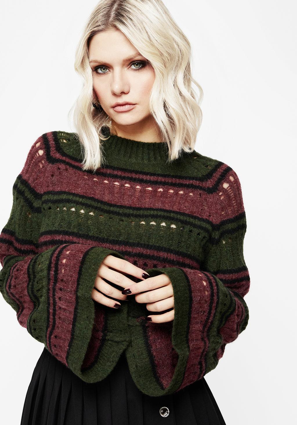 Splinter Stripe Knit Flare Sleeve Crop Sweater Product Image