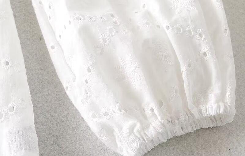 Puff-Sleeve V-Neck Cutout Mini A-Line Eyelet Lace Dress Product Image