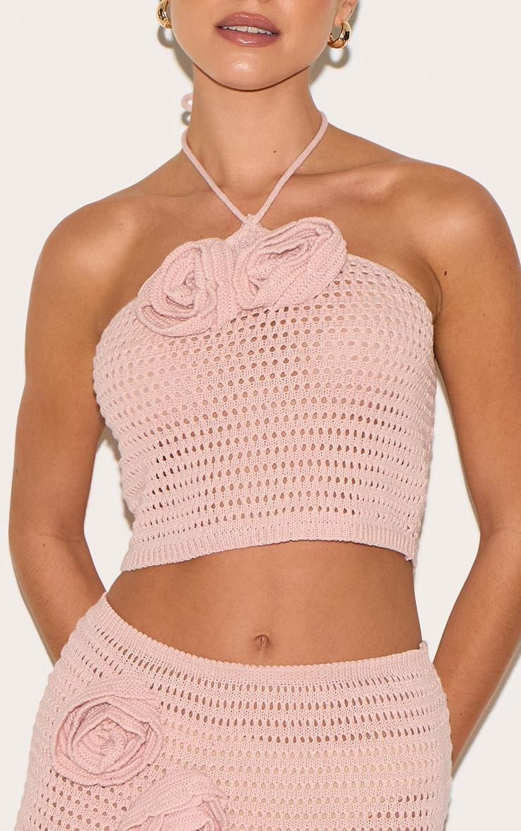  Dusty Pink Tie Neck Flower Applique Top Product Image