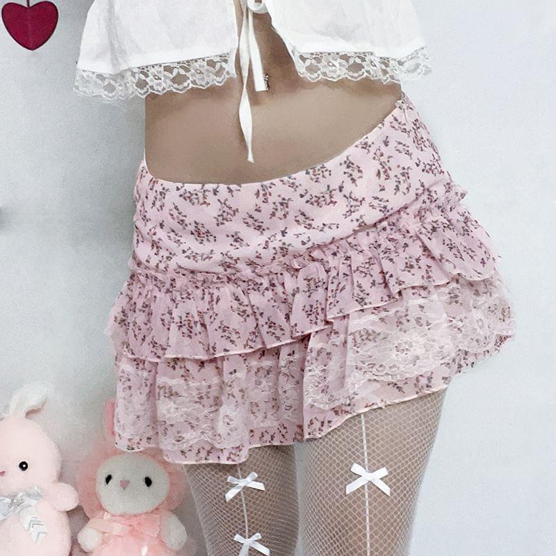 Low Waist Floral Print Lace Panel Ruffled Mini A-Line Skirt Product Image
