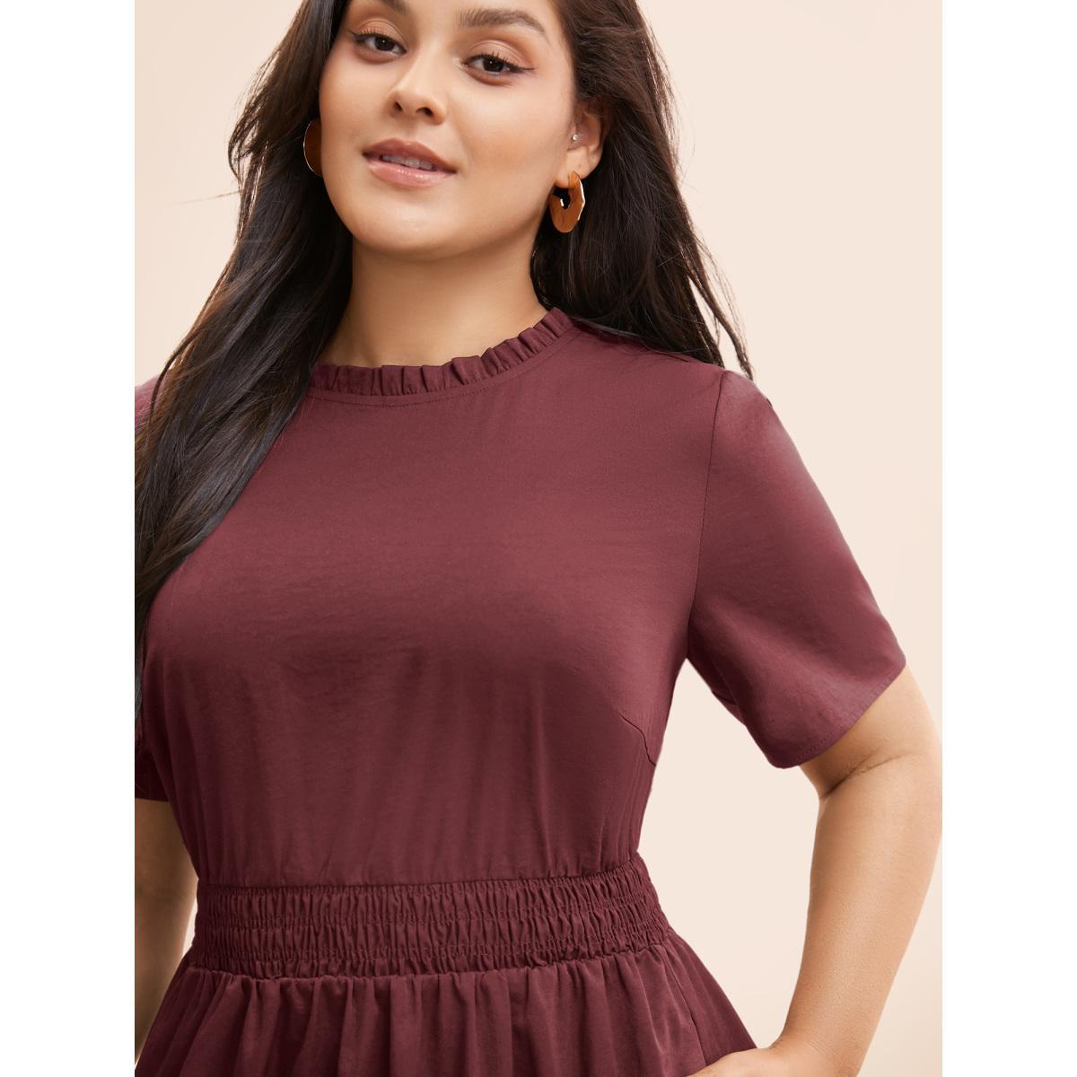 Plus Size Plain Frill Trim Ruffle Layered Hem Dress Burgundy Women Resort Tucked seam Mock Neck Short sleeve Curvy BloomChic 30/6X Product Image