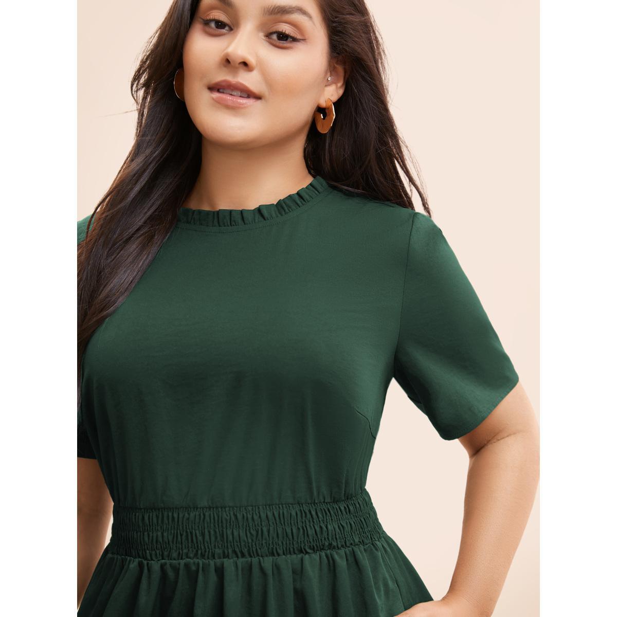 Plus Size Plain Frill Trim Ruffle Layered Hem Dress Cyan Women Resort Tucked seam Mock Neck Short sleeve Curvy BloomChic 18-20/2X Product Image