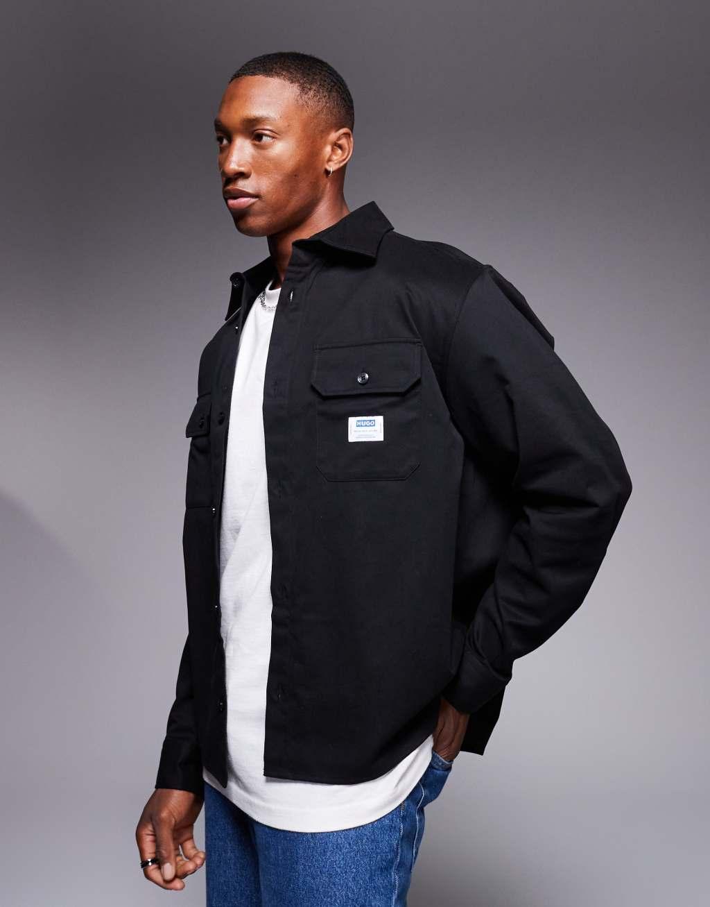 HUGO Blue Ekynone oversized overshirt in black  Product Image