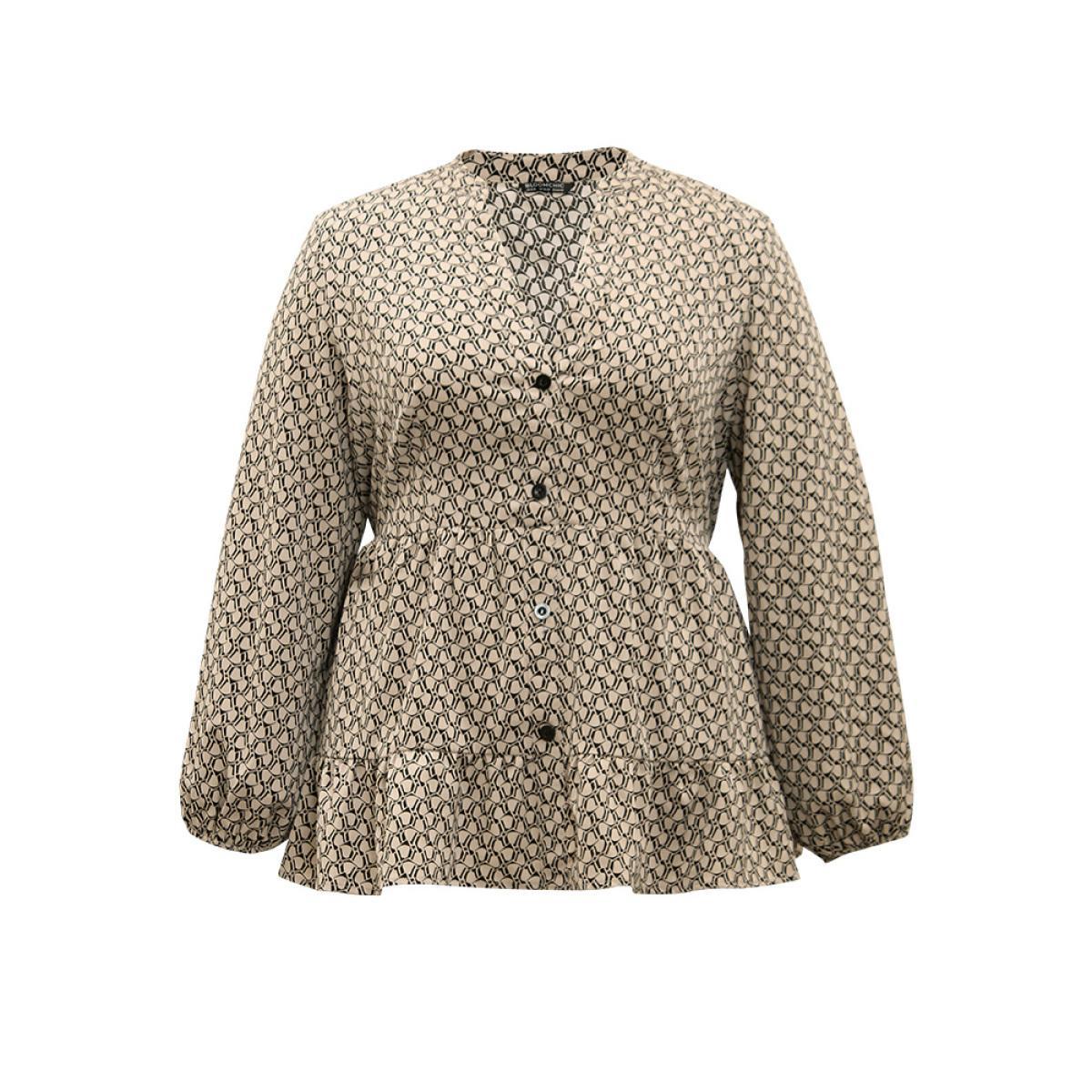 Plus Size LightBrown Geometric Print Button Through Lantern Sleeve Blouse Women Office Long Sleeve V-neck Work Blouses BloomChic 30/6X Product Image