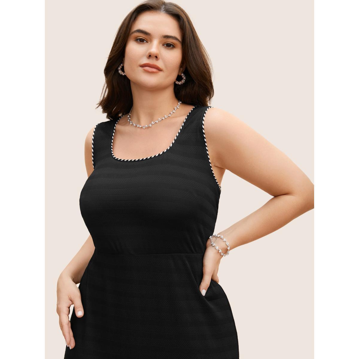 Plus Size Square Neck Contrast Webbing Split Hem Dress Black Women Elegant Woven ribbon&lace trim Square Neck Sleeveless Curvy BloomChic 30/6X Product Image