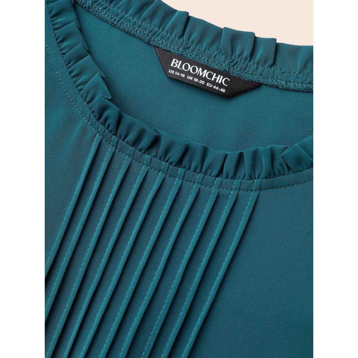 Plus Size Aegean Plain Pleated Lantern Sleeve Slit Hem Blouse Women At the Office Extra Long Sleeve Round Neck Work Blouses BloomChic 14-16/1X Product Image