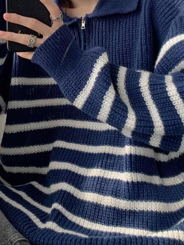 Men's Striped Lapel Neck Half Zip Sweater Product Image