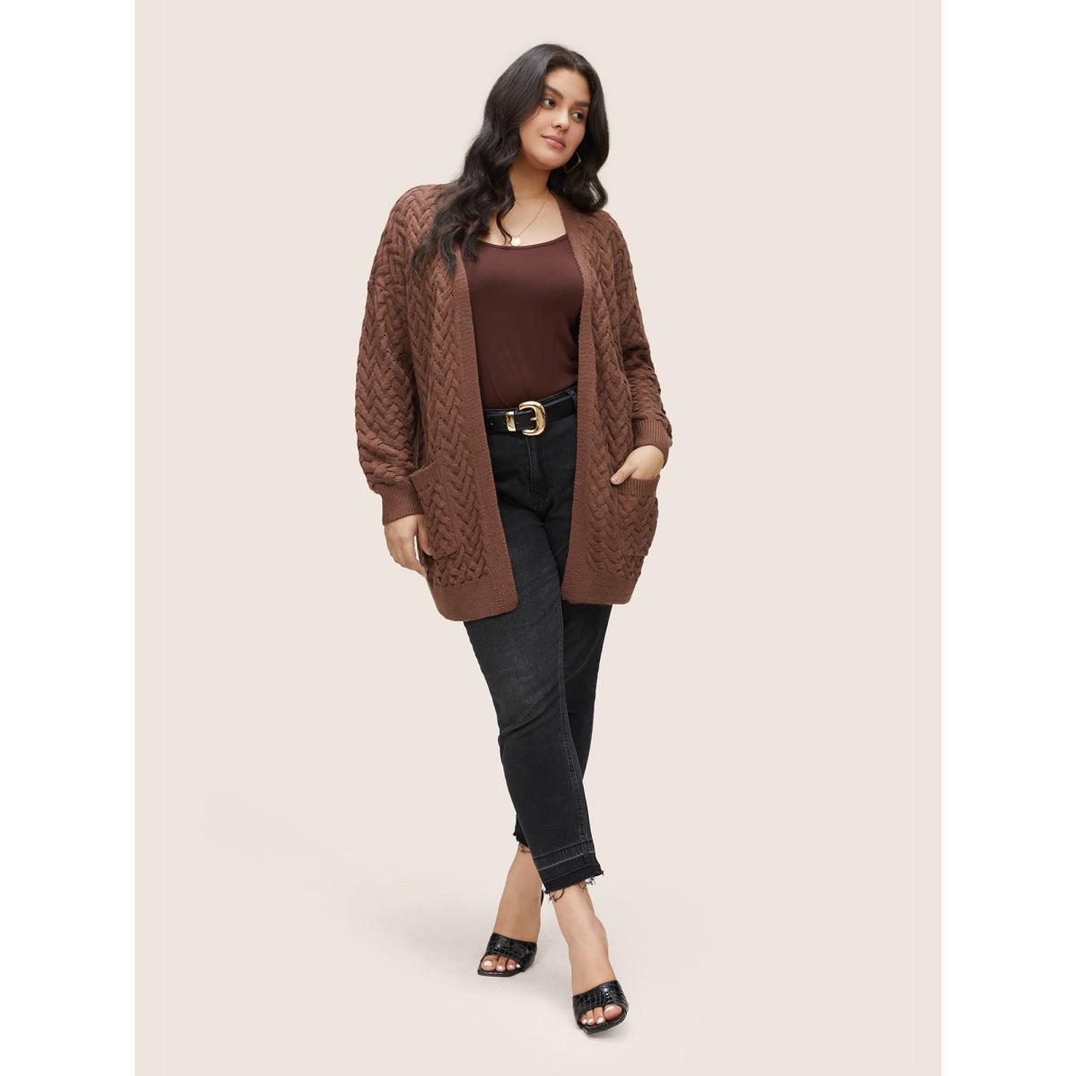 Plus Size Solid Open Front Pocket Crochet Cardigan Burgundy Women Casual Loose Long Sleeve Dailywear Cardigans BloomChic 30/6X Product Image
