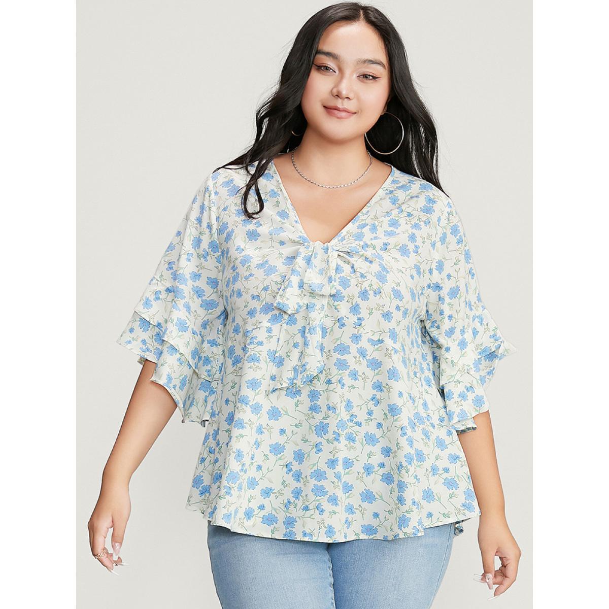 Plus Size White Floral Printed Knotted Front V Neck Ruffle Sleeve Blouse Women Elegant Elbow-length sleeve V-neck Dailywear Blouses BloomChic 14-16/1X Product Image