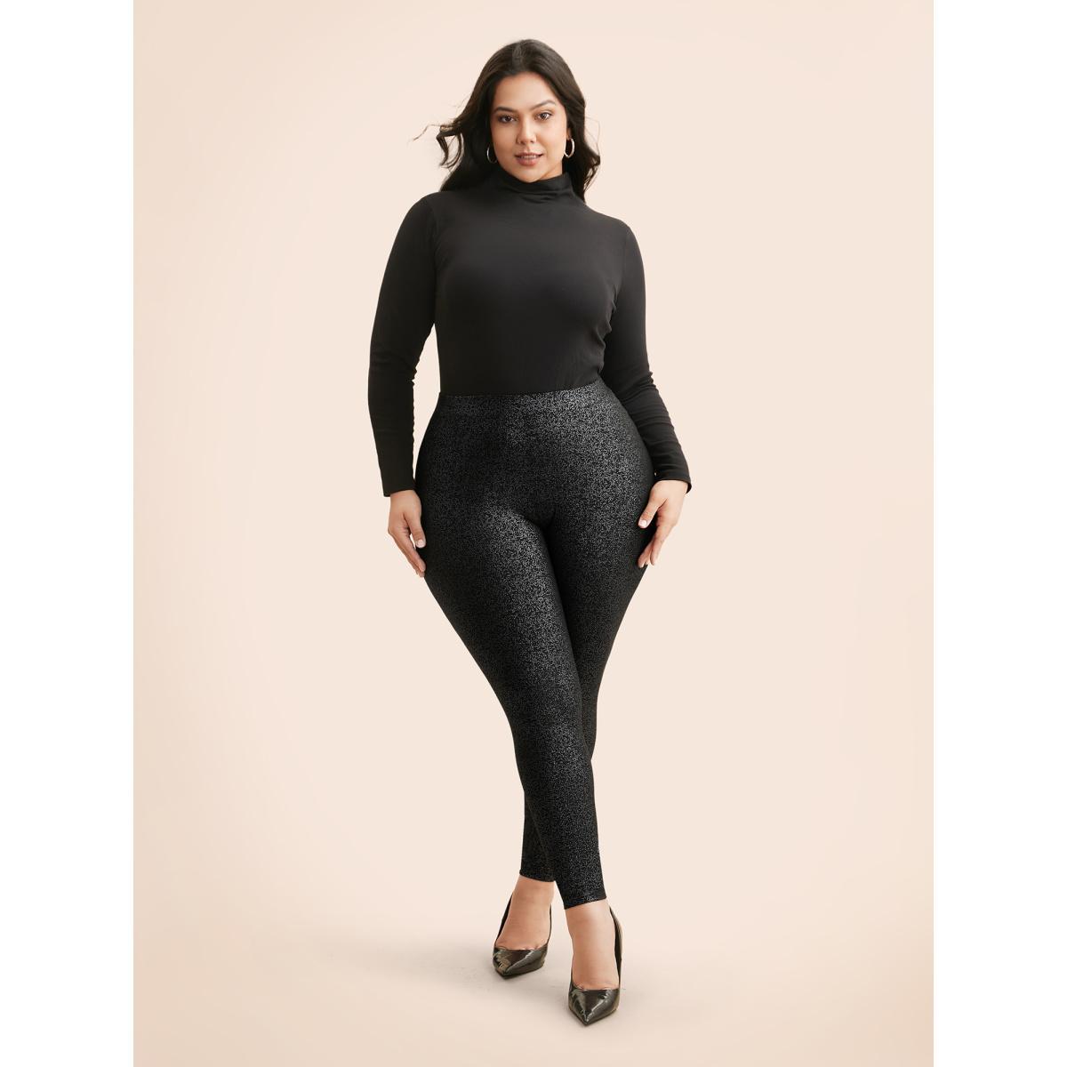 Plus Size Glitter Pleated Skinny Leggings Women Black Cocktail Medium stretch Skinny Mid Rise Party Leggings BloomChic 26/4X Product Image
