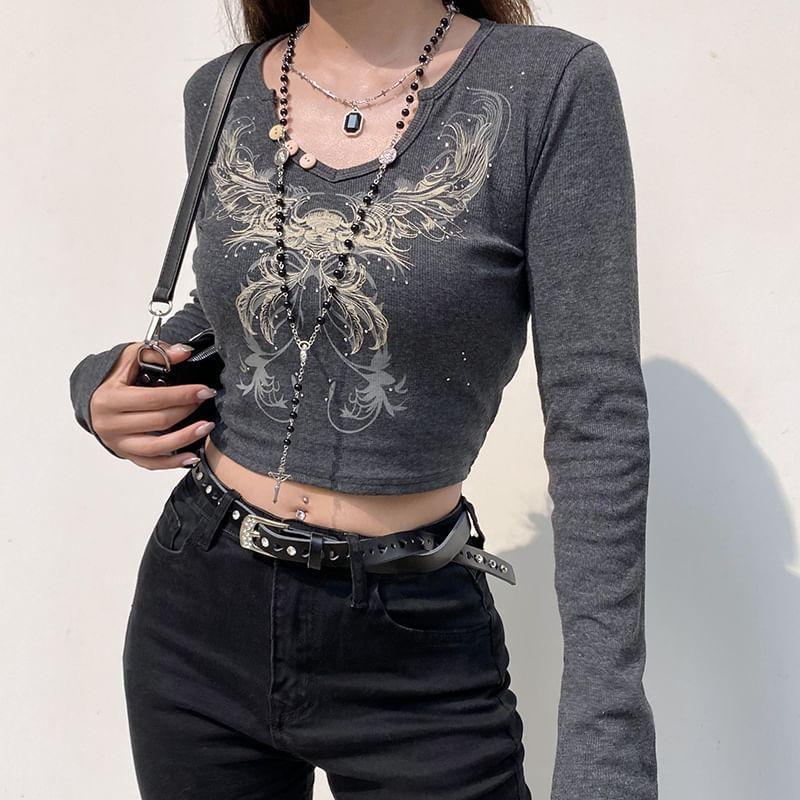 Long-Sleeve V-Neck Butterfly Print Crop Top Product Image
