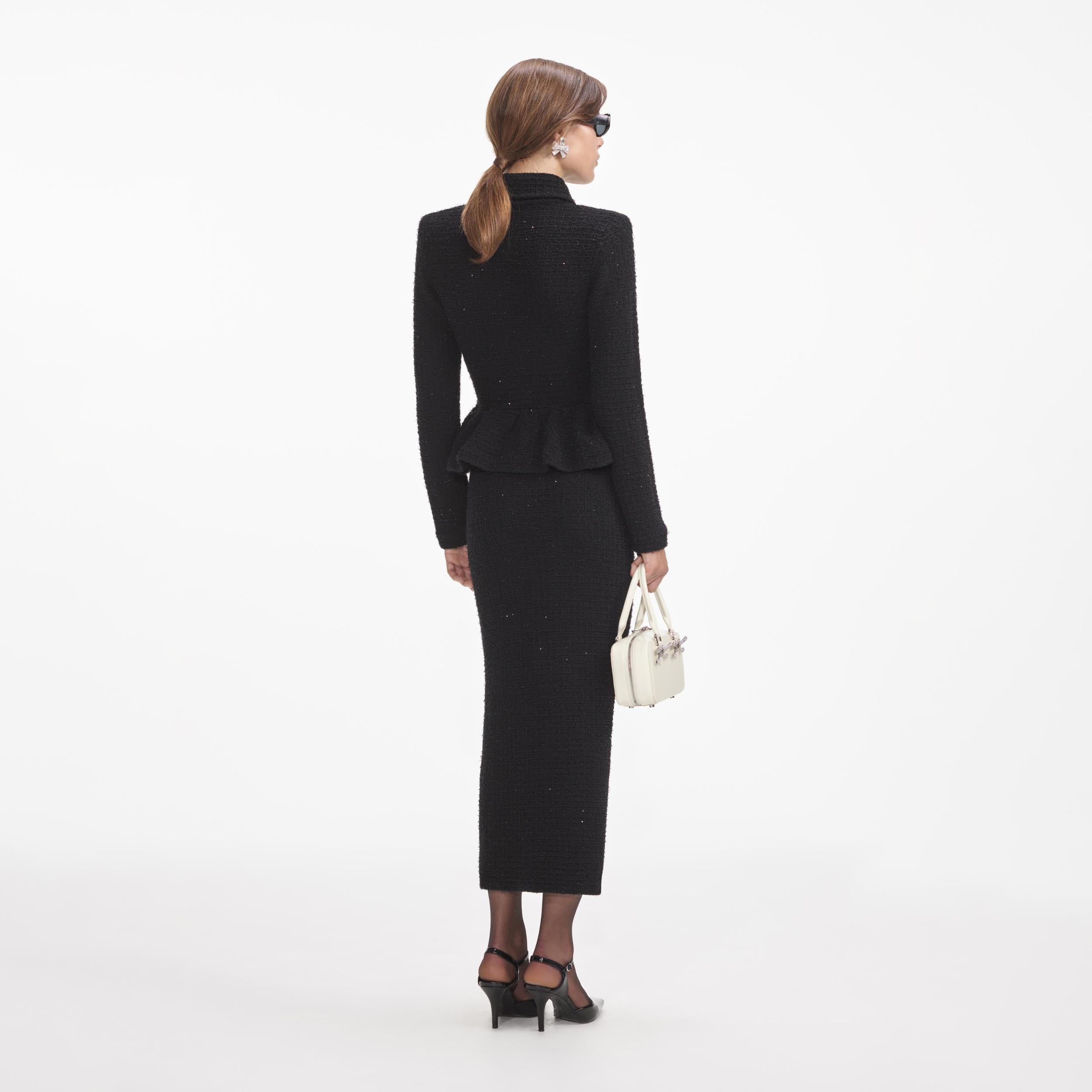 Black Textured Knit Peplum Midi Dress Product Image