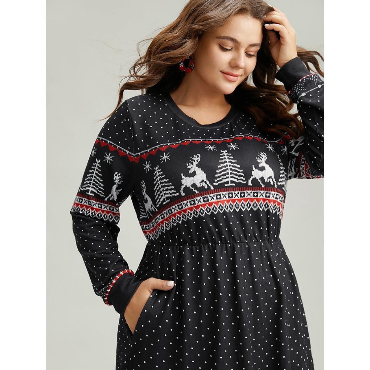 Plus Size Christmas Elk Patchwork Polka Dot Pocket Dress Black Women Casual Printed Round Neck Long Sleeve Curvy Midi Dress BloomChic 28/5X Product Image