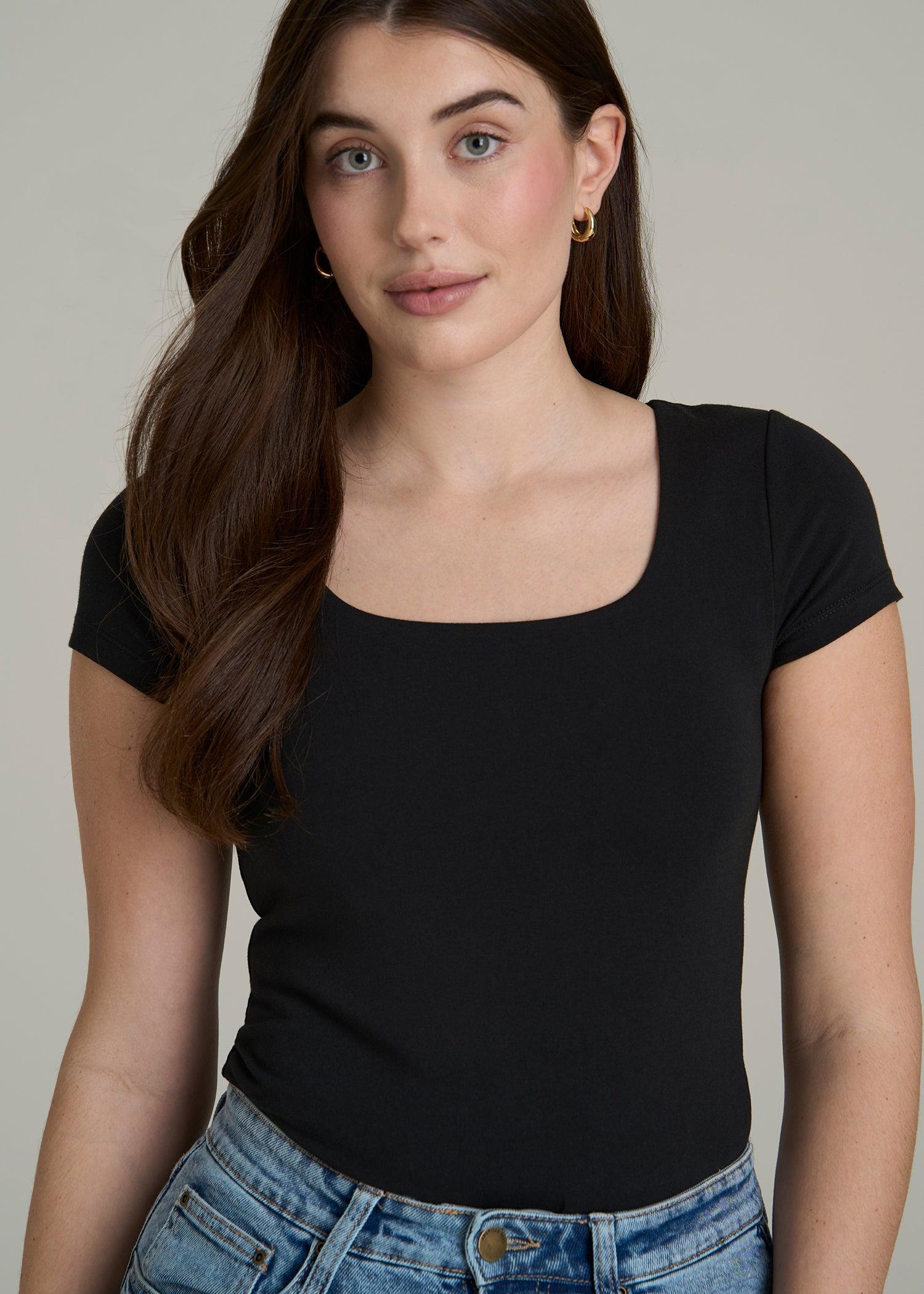 Cotton Blend Short Sleeve Squareneck Bodysuit for Tall Women in Black Product Image