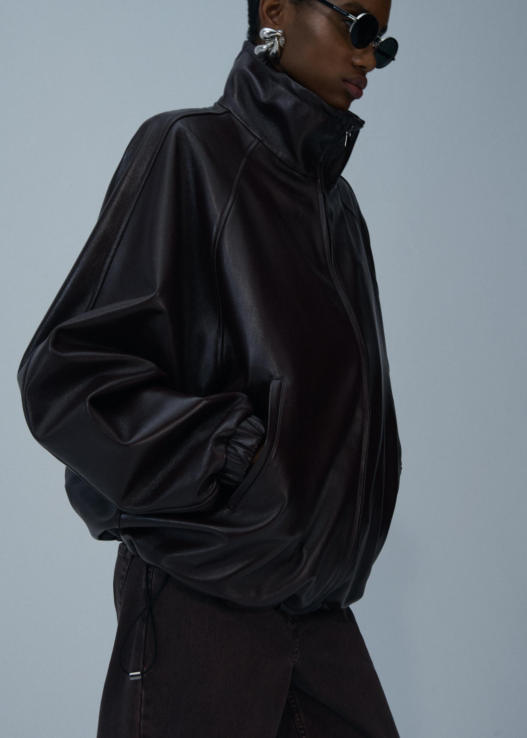 Elasticized leather bomber jacket in burgundy Product Image