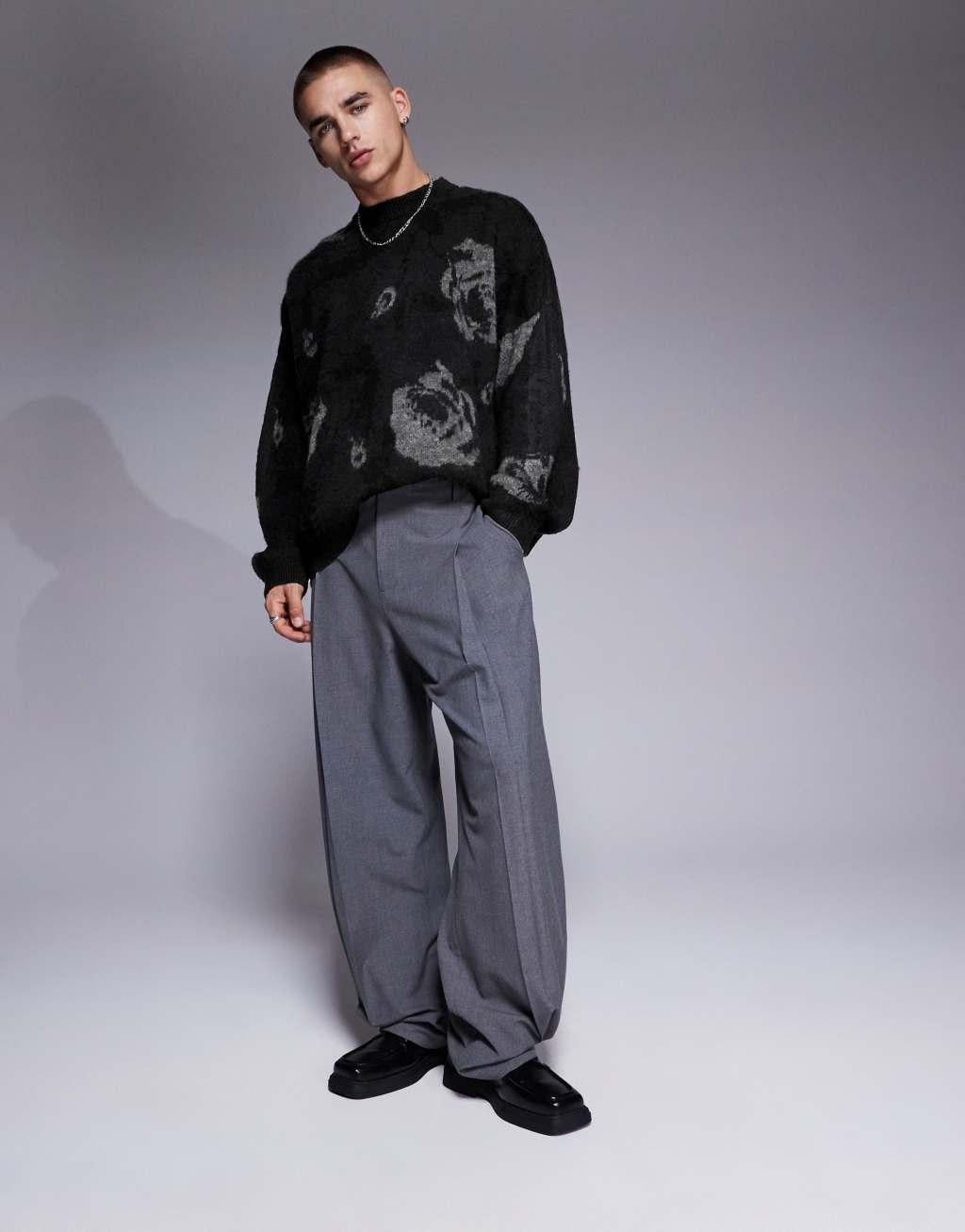 ASOS DESIGN super oversized boxy fit brushed knit crew neck sweater with floral pattern in black Product Image