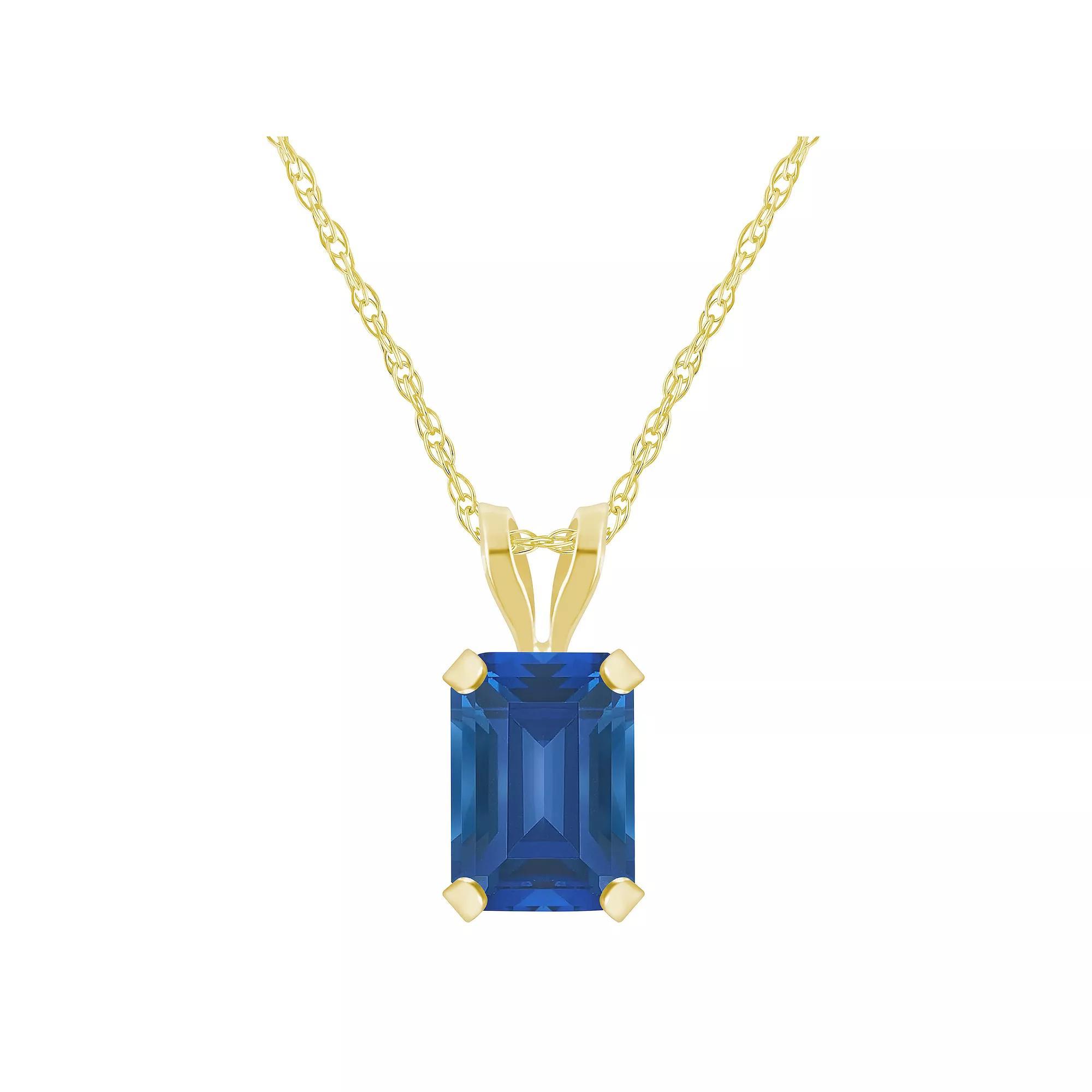 Celebration Gems 10k Gold Emerald-Cut Lab-Created Sapphire Pendant Necklace, Women's, Size: 18" Product Image