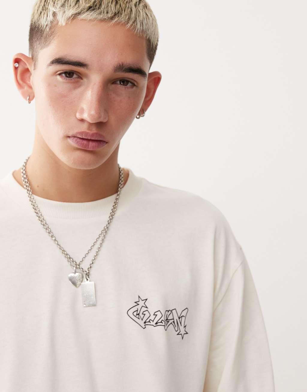 COLLUSION long sleeve T-shirt with front and back print in ecru Product Image