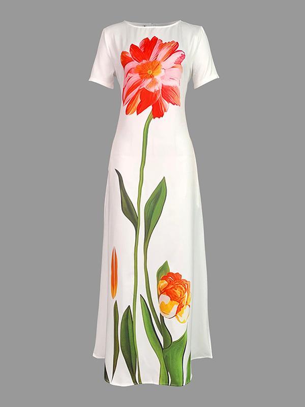 Short Sleeves Flower Print Boat Neck Maxi Dresses Product Image