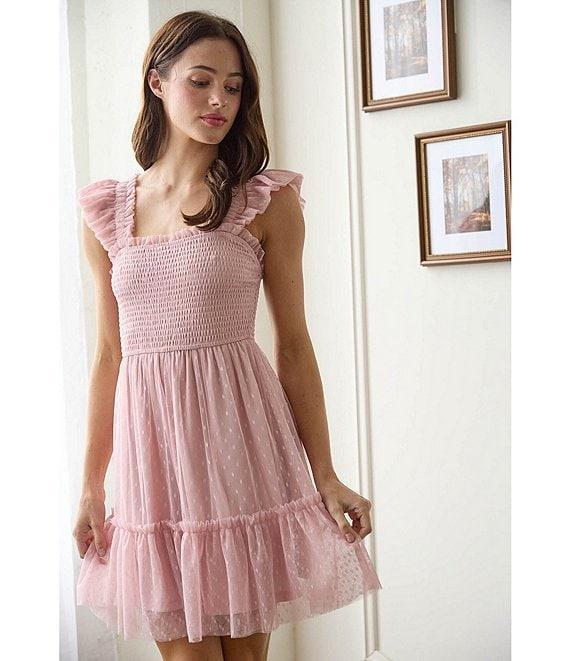 Blu Pepper Lace Polka Dot Smocked Square Neck Sleeveless Tiered Mini Dress Product Image