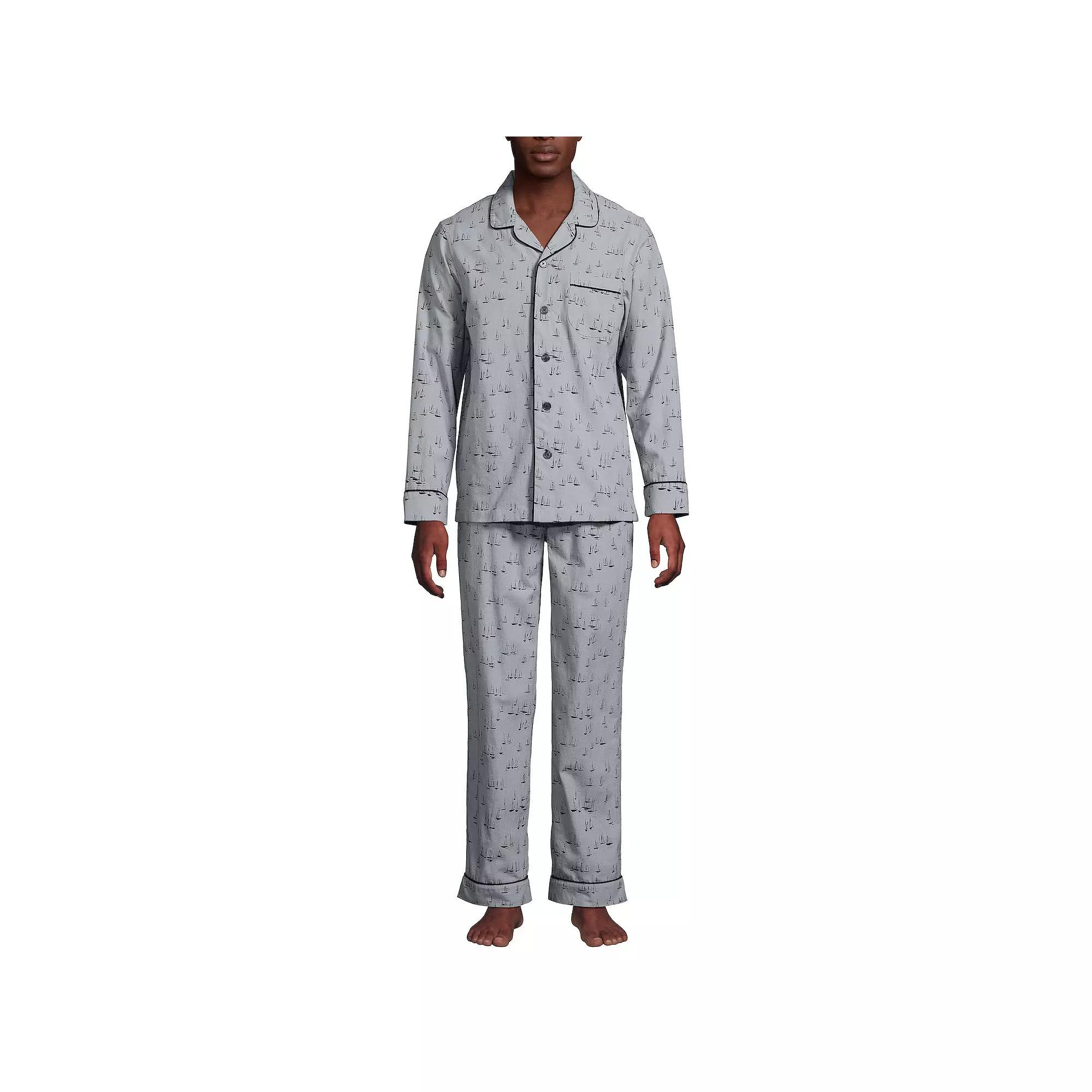Men's Lands' End Essential Long Sleeve Top & Pants Pajama Set, Size: XXL, Grey Blue Stripe Product Image