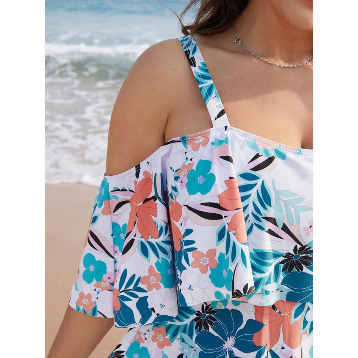 Plus Size Tropical Adjustable Straps Cold Shoulder Ruffles Trim Swim Dress Women's Swimwear Multicolor Beach Bodycon One-shoulder neck High stretch Curve Swim Dresses BloomChic 26/4X Product Image