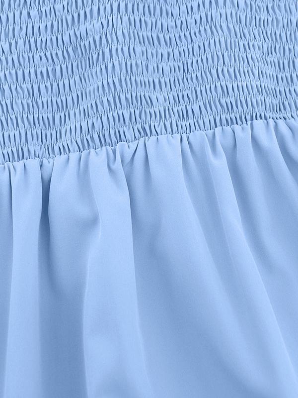 Loose Puff Sleeves Elasticity Pleated Solid Color Split-Joint Tiered Off-the-shoulder Mini Dresses Product Image