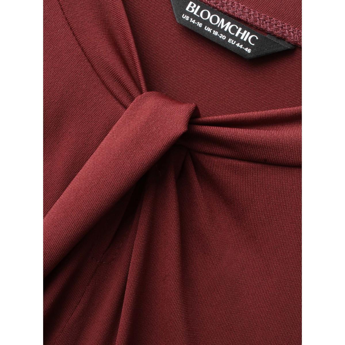 Plus Size Plain Twist Neck Midi Dress Burgundy Women At the Office Twist Asymmetrical Neck Long Sleeve Curvy BloomChic 22-24/3X Product Image