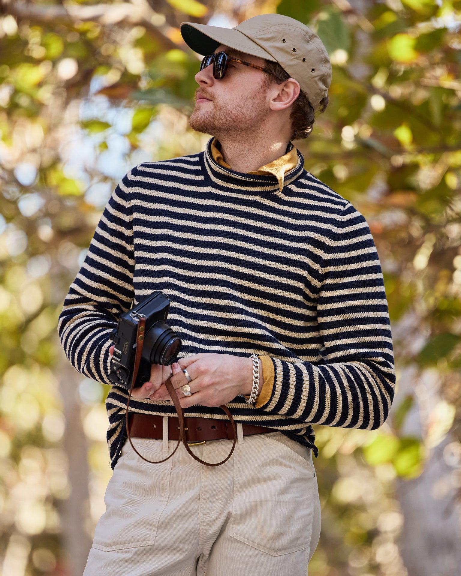 Cotton/Linen Fisherman's Sweater in Navy/Sand Even Stripe Product Image