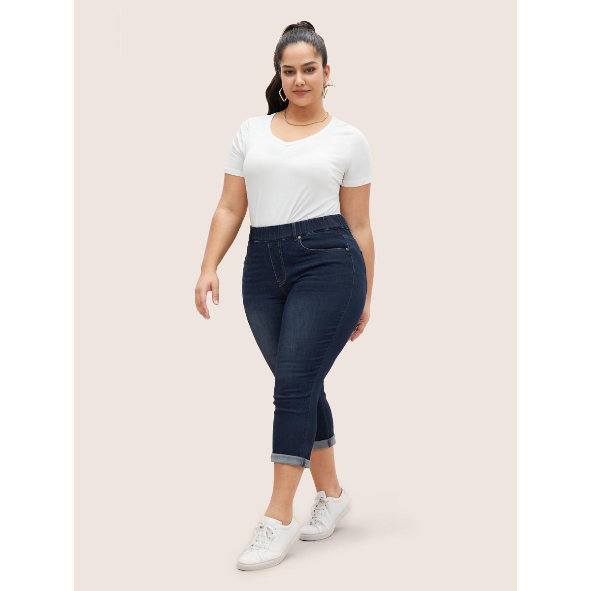 Plus Size Dark Wash Elastic Waist Roll Hem Jeans Women Midnight Casual Roll Hem High stretch Slanted pocket Jeans BloomChic 30/6X Product Image