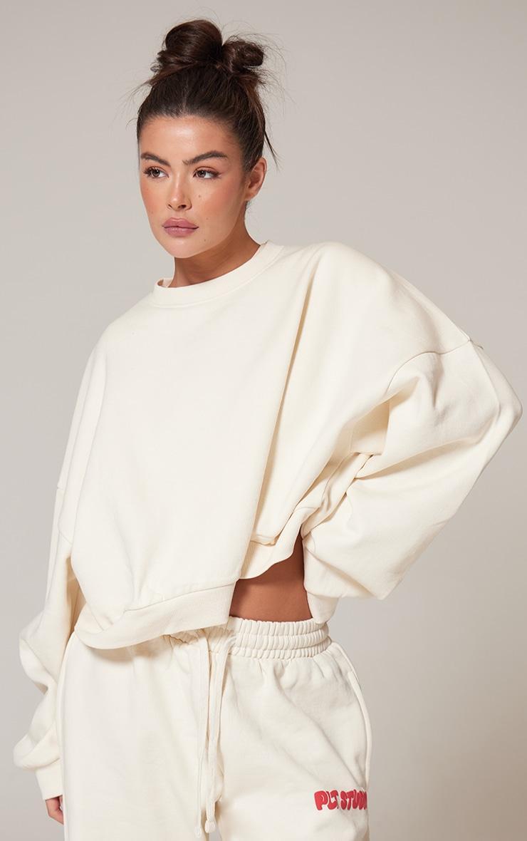 PRETTYLITTLETHING Sand Premium Studio Print Boxy Sweatshirt Product Image