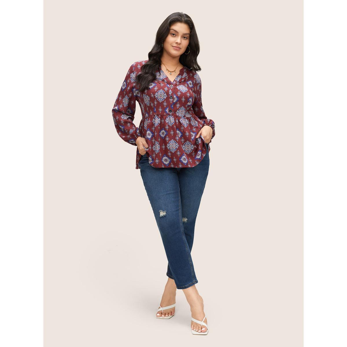 Plus Size Scarlet Boho Print Notched Lantern Sleeve Blouse Women Vacation Long Sleeve Notched collar Vacation Blouses BloomChic 22-24/3X Product Image