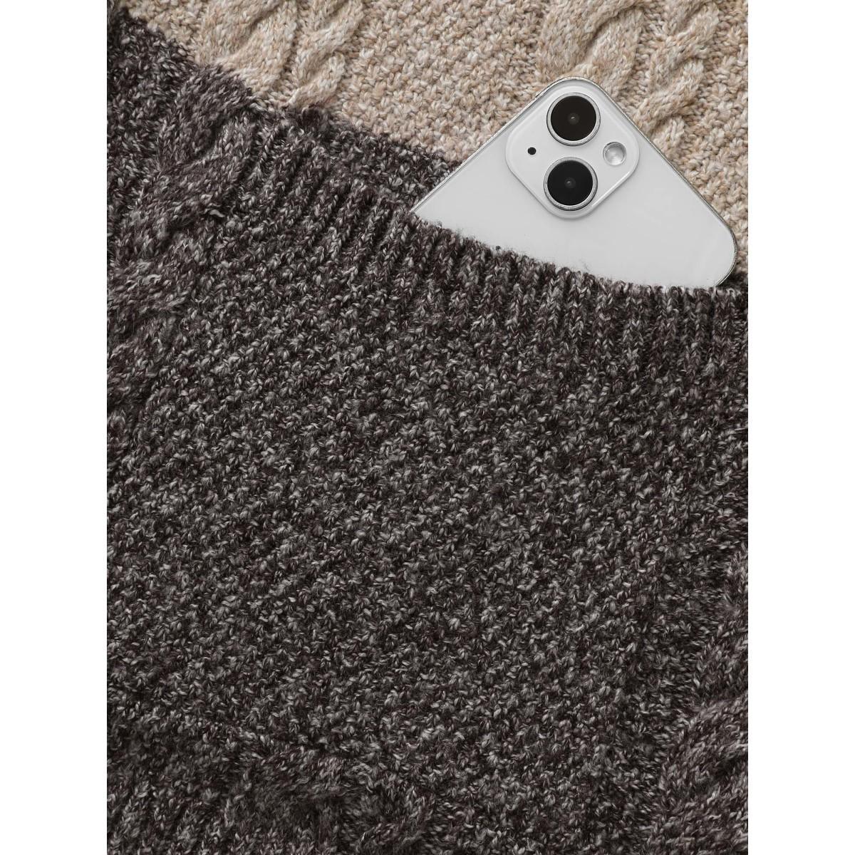 Plus Size Colorblock Contrast Cable Knit Cardigan Browncoffeecolor Women Casual Loose Long Sleeve Everyday Cardigans BloomChic 26/4X Product Image