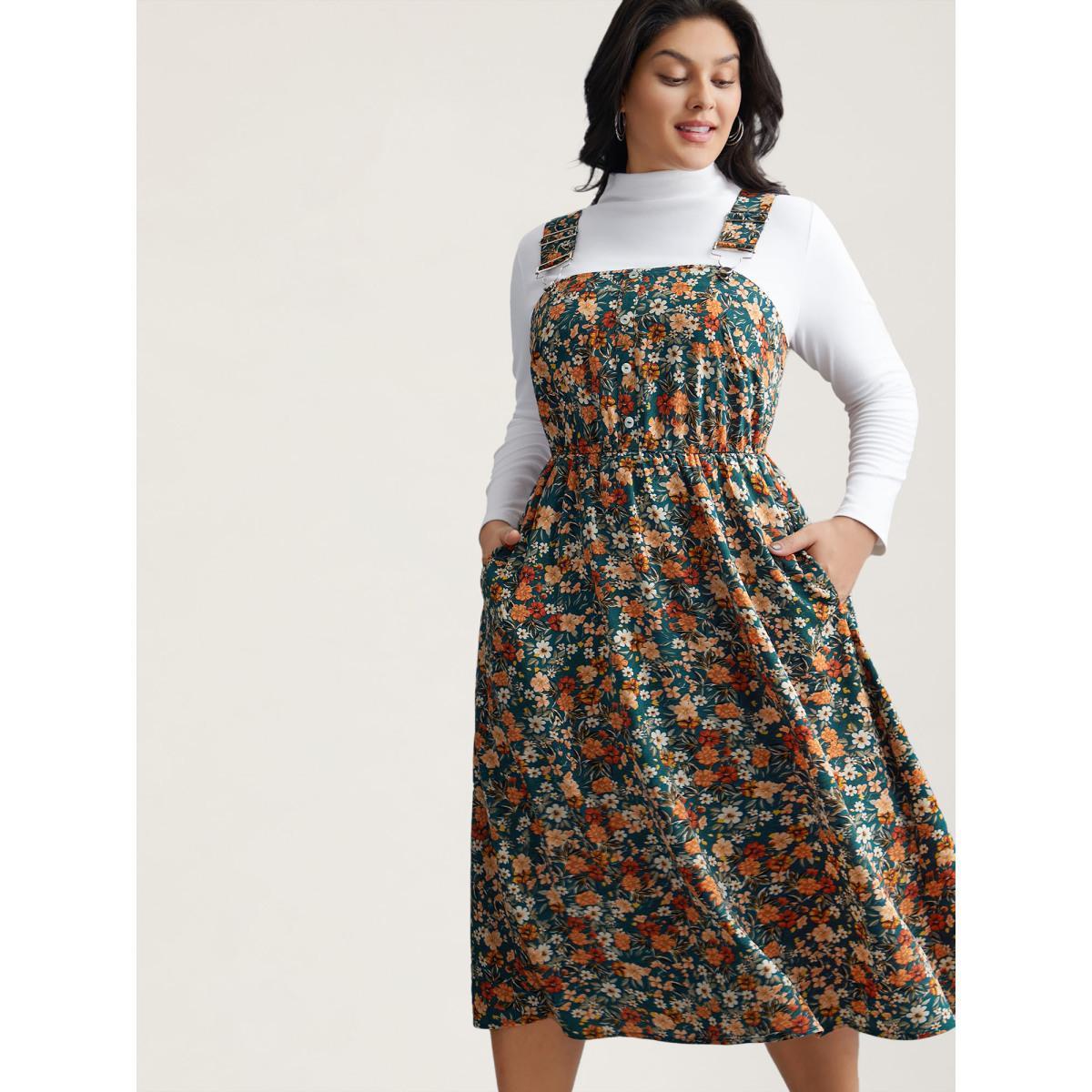 Plus Size Ditsy Floral Adjustable Straps Elastic Waist Dress Teal Women Casual Gathered Non Sleeveless Curvy BloomChic 12/L Product Image