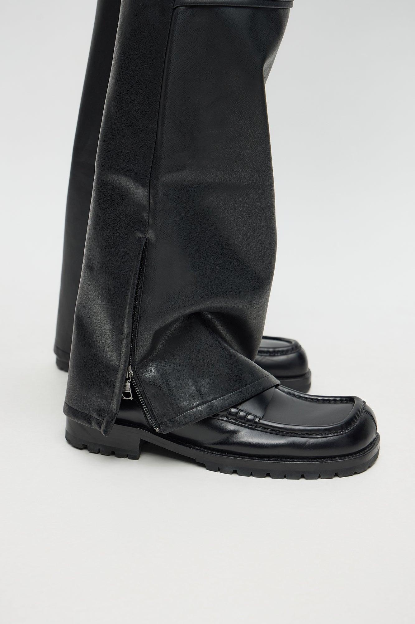 Slim Flare Zipper Pocket Faux Leather Pants - Black Product Image