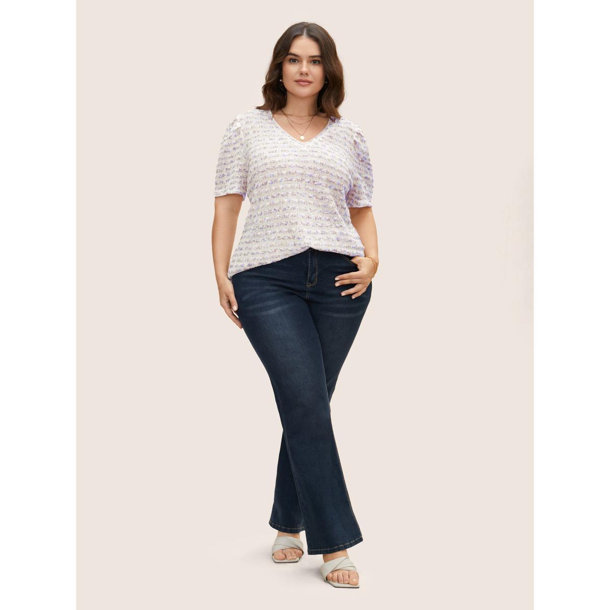 Plus Size V Neck Cut Out Striped Tie Dye T-shirt Multicolor Women Elegant Contrast V-neck Everyday T-shirts BloomChic 10/M Product Image