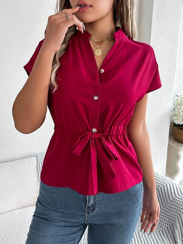 Loose Short Sleeves Drawstring Split-Joint Round-Neck Blouses&Shirts Tops Product Image