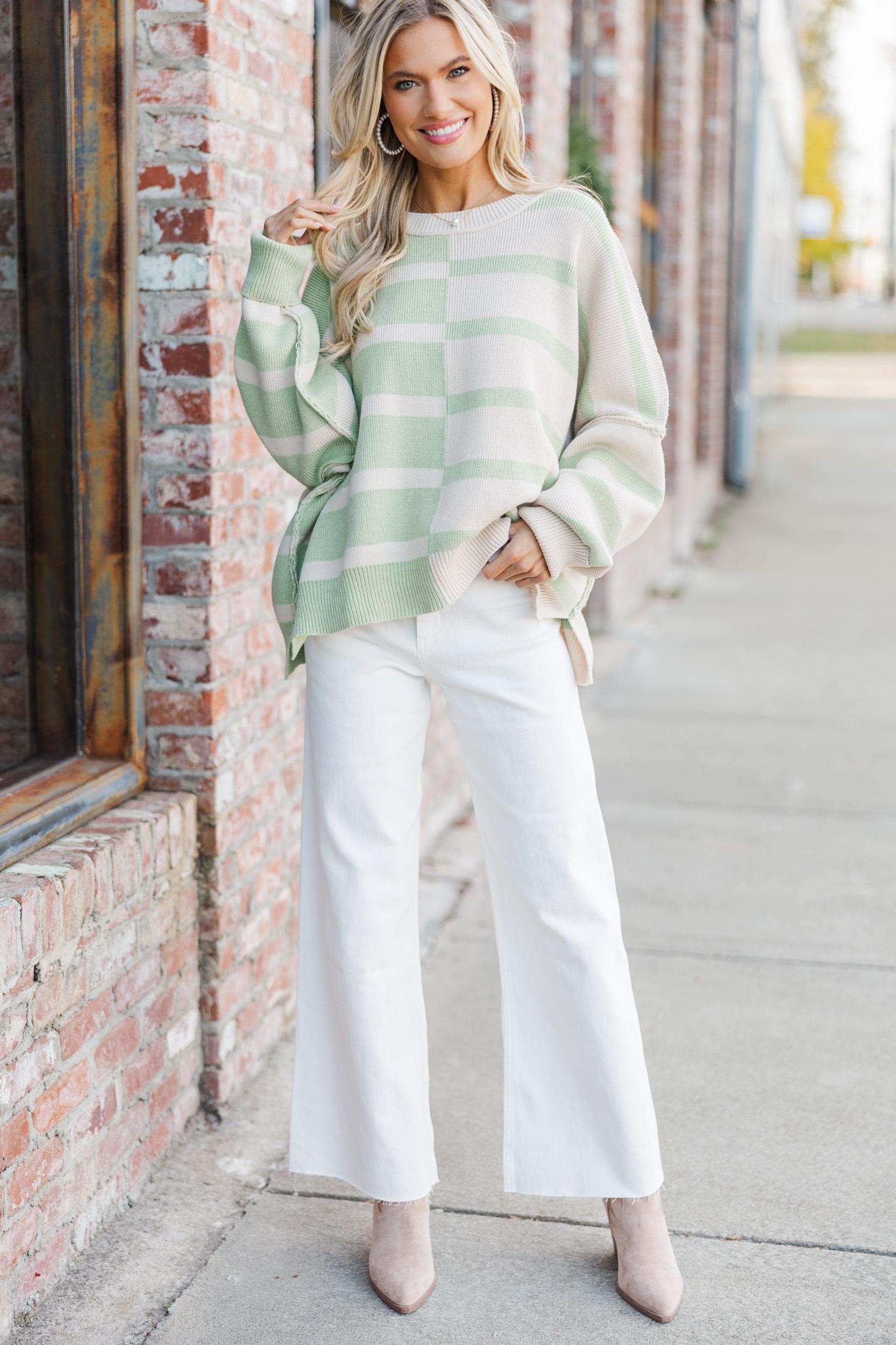 Give You Joy Sage Green Striped Sweater Female Product Image