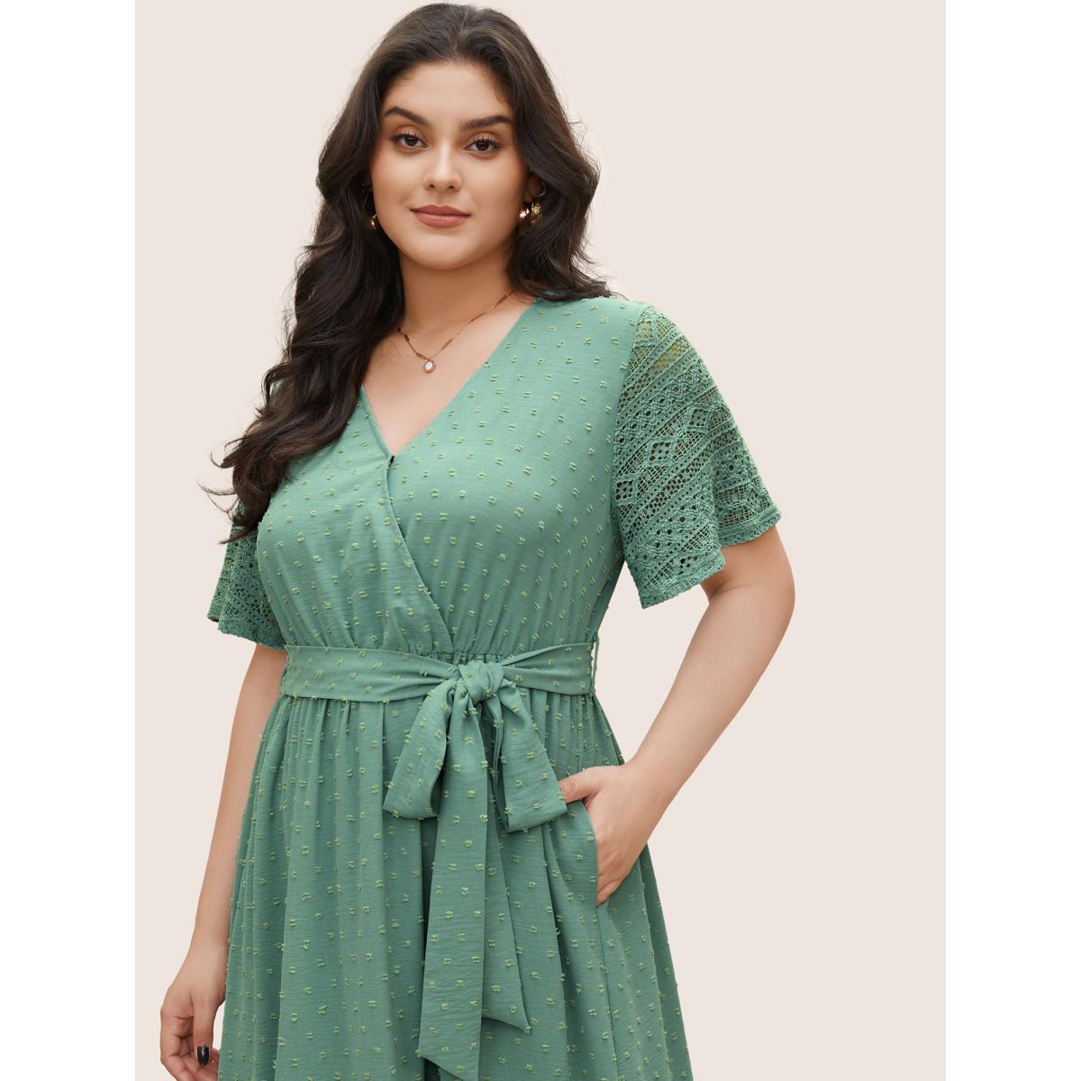 Strappy Elegance Flutter Patchwork Plus Size Dress Women Plain Mint Ruffle Sleeve Short Sleeve V Neck Pocket Belt Dailywear Long Dress BloomChic Product Image