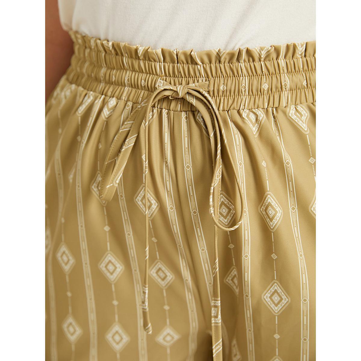 Plus Size Boho Print Drawstring Elastic Waist Pants Women Yellow Vacation Straight Leg High Rise Dailywear Pants BloomChic 14-16/1X Product Image