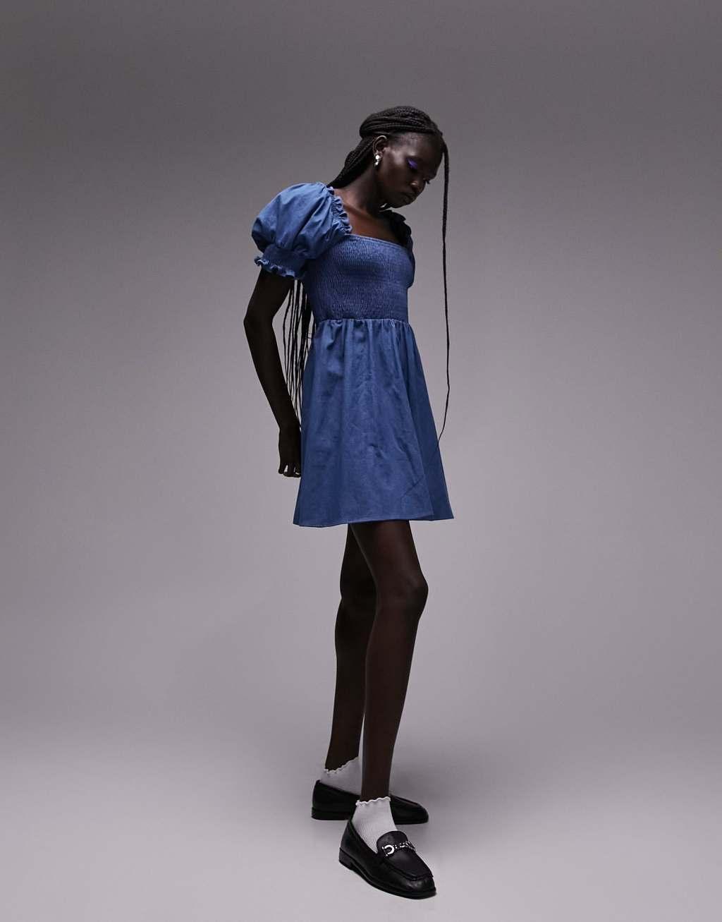 Topshop shirred mini tea dress with puff sleeves Product Image
